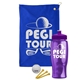 a royal blue towel & violet lid & transparent violet bottle the tourney - golf kit