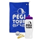 a royal blue towel & violet lid & white bottle the tourney - golf kit