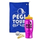 a royal blue towel & yellow lid & transparent hot pink bottle the tourney - golf kit