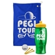 a royal blue towel & yellow lid & transparent green bottle the tourney - golf kit