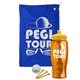 a royal blue towel & yellow lid & transparent orange bottle the tourney - golf kit