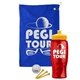 a royal blue towel & yellow lid & transparent red bottle the tourney - golf kit