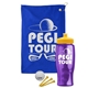 a royal blue towel & yellow lid & transparent violet bottle the tourney - golf kit