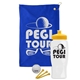 a royal blue towel & yellow lid & white bottle the tourney - golf kit