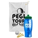 a white towel & green lid & transparent blue bottle the tourney - golf kit