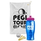 a white towel & pink lid & transparent blue bottle the tourney - golf kit