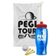 a white towel & red lid & transparent blue bottle the tourney - golf kit