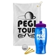 a white towel & violet lid & transparent blue bottle the tourney - golf kit