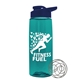 a transparent teal bottle & navy blue lid the flair - 26 oz tritan(tm) shaker bottle with drink thru lid and mixing whisk ball
