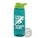 a transparent teal bottle & lime green lid the flair - 26 oz tritan(tm) shaker bottle with drink thru lid and mixing whisk ball