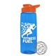 a transparent blue bottle & orange lid the flair - 26 oz tritan(tm) shaker bottle with drink thru lid and mixing whisk ball