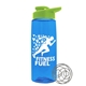 a transparent blue bottle & lime green lid the flair - 26 oz tritan(tm) shaker bottle with drink thru lid and mixing whisk ball