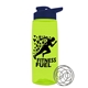 a transparent lime green bottle & navy blue lid the flair - 26 oz tritan(tm) shaker bottle with drink thru lid and mixing whisk ball