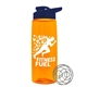 a transparent orange bottle & navy blue lid the flair - 26 oz tritan(tm) shaker bottle with drink thru lid and mixing whisk ball