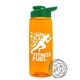 a transparent orange bottle & green lid the flair - 26 oz tritan(tm) shaker bottle with drink thru lid and mixing whisk ball