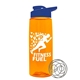 a transparent orange bottle & royal blue lid the flair - 26 oz tritan(tm) shaker bottle with drink thru lid and mixing whisk ball