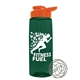 a transparent dark green bottle & orange lid the flair - 26 oz tritan(tm) shaker bottle with drink thru lid and mixing whisk ball