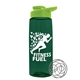 a transparent dark green bottle & lime green lid the flair - 26 oz tritan(tm) shaker bottle with drink thru lid and mixing whisk ball