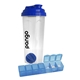a blue shaker bottle w / pill box