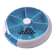 aerial view a white with blue trim round push button pill box, image 1 of 2