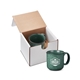 aerial view a hunter green 15oz campfire ceramic mug in mailer, image 1 of 3