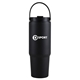 aerial view a black 27 oz siam powder coated recycled stainless steel tumbler w / carrying handle, image 1 of 2