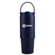 aerial view a dark blue 27 oz siam powder coated recycled stainless steel tumbler w / carrying handle, image 1 of 2