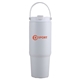 aerial view a white 27 oz siam powder coated recycled stainless steel tumbler w / carrying handle, image 1 of 3