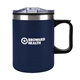 aerial view a navy blue eden 14 oz travel mug with handle lock lid, image 1 of 2