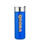 aerial view a blue 18 oz double wall stainless steel vacuum tumbler with copper lining, image 1 of 2