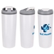 aerial view a white olympia 17 oz stainless steel / polypropylene tumbler with flip top lid, image 1 of 2