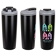 aerial view a black olympia 17 oz stainless steel / polypropylene tumbler with flip top lid, image 1 of 4