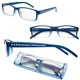 a blue 2.5 soft feel reading glasses w / matching case