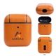 aerial view a tan leather earbuds charging case, image 1 of 2