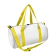aerial view a white bag with black zipper and yellow handle and strap sublime series rpet duffel bag, image 1 of 2