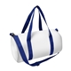 aerial view a white bag with white zipper and blue handle and strap sublime series rpet duffel bag, image 1 of 2