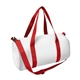 aerial view a white bag with white zipper and red handle and strap sublime series rpet duffel bag, image 1 of 2