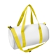 aerial view a white bag with white zipper and yellow handle and strap sublime series rpet duffel bag, image 1 of 2
