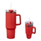 aerial view a red 40 oz quest recycled stainless steel tumbler, image 1 of 3