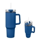 aerial view a blue 40 oz quest recycled stainless steel tumbler, image 1 of 3