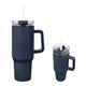 aerial view a navy 40 oz quest recycled stainless steel tumbler, image 1 of 3