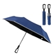 aerial view a navy blue ridgeline 46 arc reflective umbrella with carabiner handle, image 1 of 2