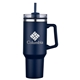 aerial view a navy blue 40 oz double wall tumbler with handle and straw, image 1 of 4