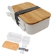 aerial view a white with gray strap bountiful bento box with bamboo lid, image 1 of 5