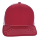 aerial view a red/ white snapback meshback trucker cap, image 1 of 4