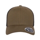 aerial view a coyote brown/ black flexfit adult 110(r) mesh cap, image 1 of 3