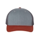 aerial view a heather grey/ charcoal/ dark orange richardson adjustable six - panel trucker hat, image 1 of 3