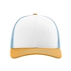 aerial view a white/ columbia blue/ yellow richardson adjustable six - panel trucker hat, image 1 of 3