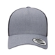 aerial view a heather/ black yupoong adult 5- panel retro trucker cap - hat, image 1 of 3