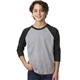 aerial view a black sleeves/ dark heather grey body next level youth cvc 3/4- sleeve raglan - 3352, image 1 of 4